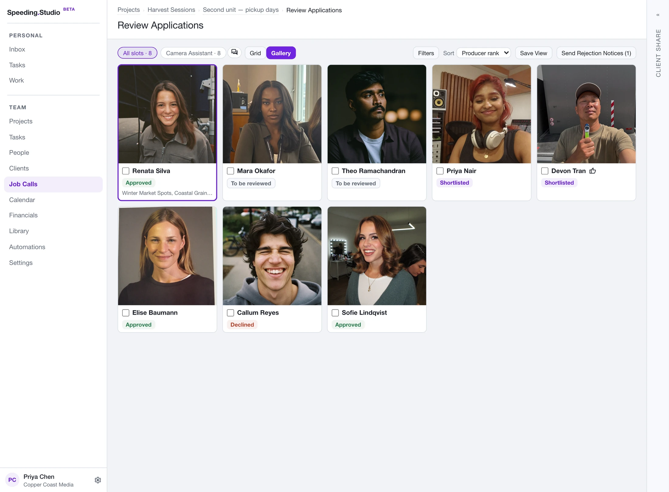 The application gallery groups candidates with their review status. Names, people, and productions shown are demonstration data.