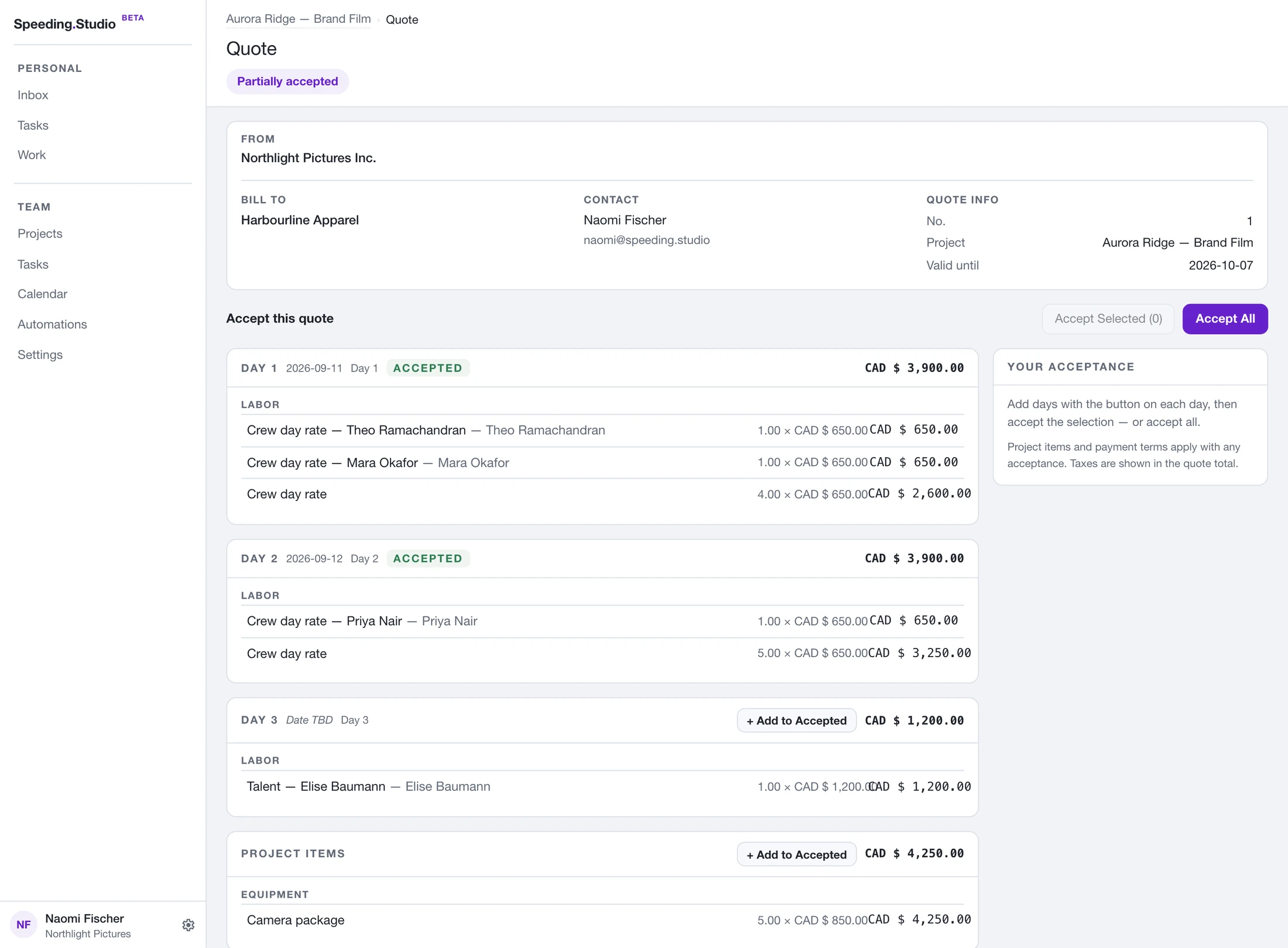 The client quote shows accepted production days and lets the client add individual days or accept the full quote.